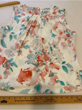 Calvin Klein Sleeveless Watercolor Floral Blouse - Cream, Coral & Teal